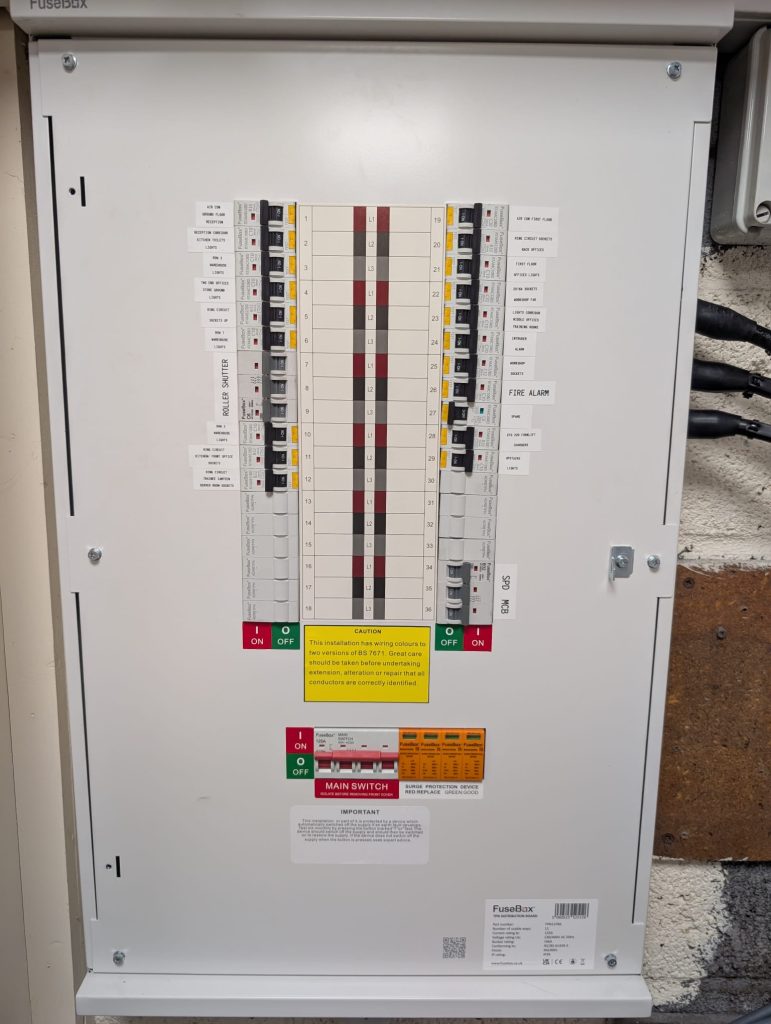Open FuseBox consumer unit with circuit directory and schedule for a commercial electrical installation in Bristol